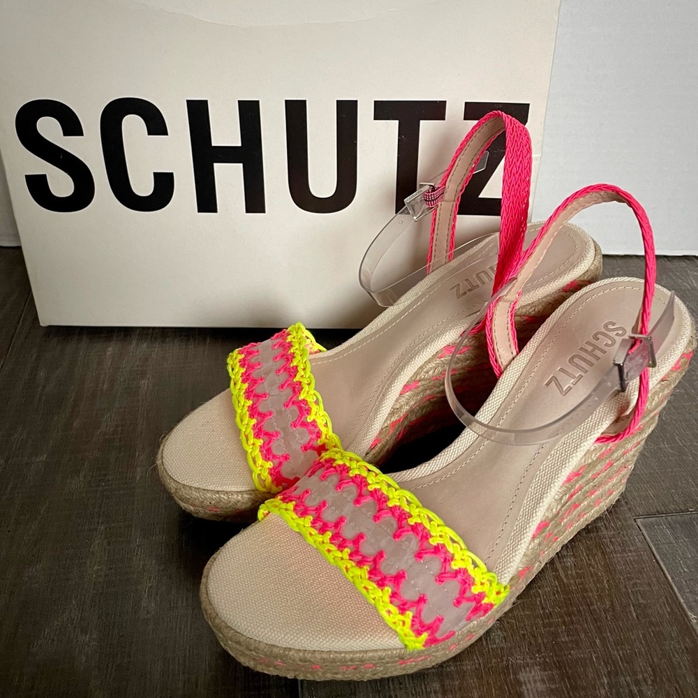 SCHUTZ Neon Pink & Yellow Braided Espadrille Wedges